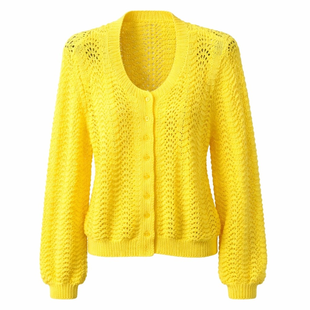 Yellow Crochet Hand Knit Button Up Cardigan Sweater Balloon Sleeve Size XL/‎ 1X